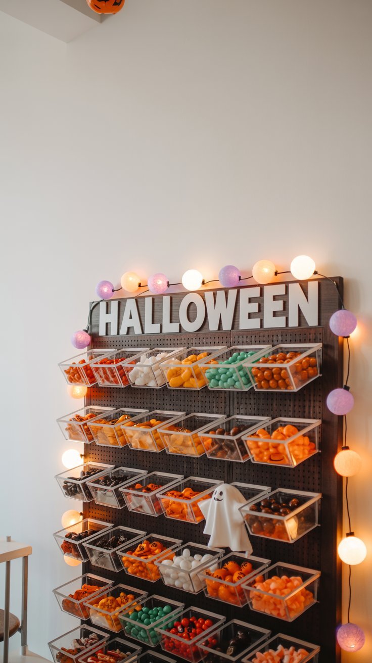 Bar à bonbons d Halloween sur un panneau perforé noir avec des bacs transparents