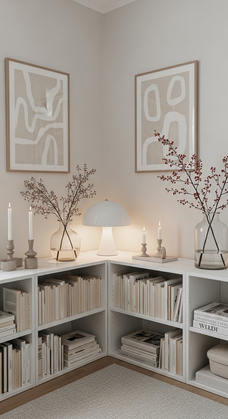 Bibliotheques basses blanches dans un coin de style scandinave