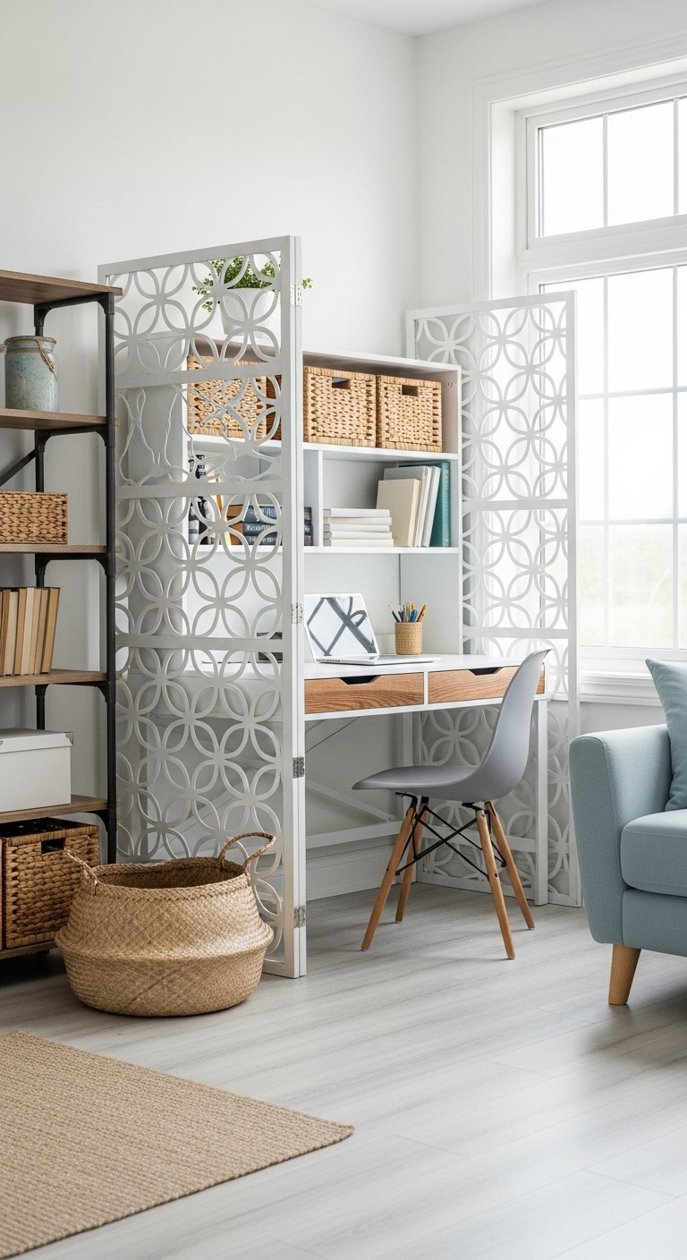 Bureau blanc cache derriere un paravent a motifs pour creer une separation