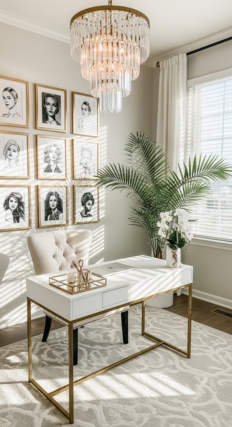Bureau blanc et or avec lustre en cristal et mur de portraits