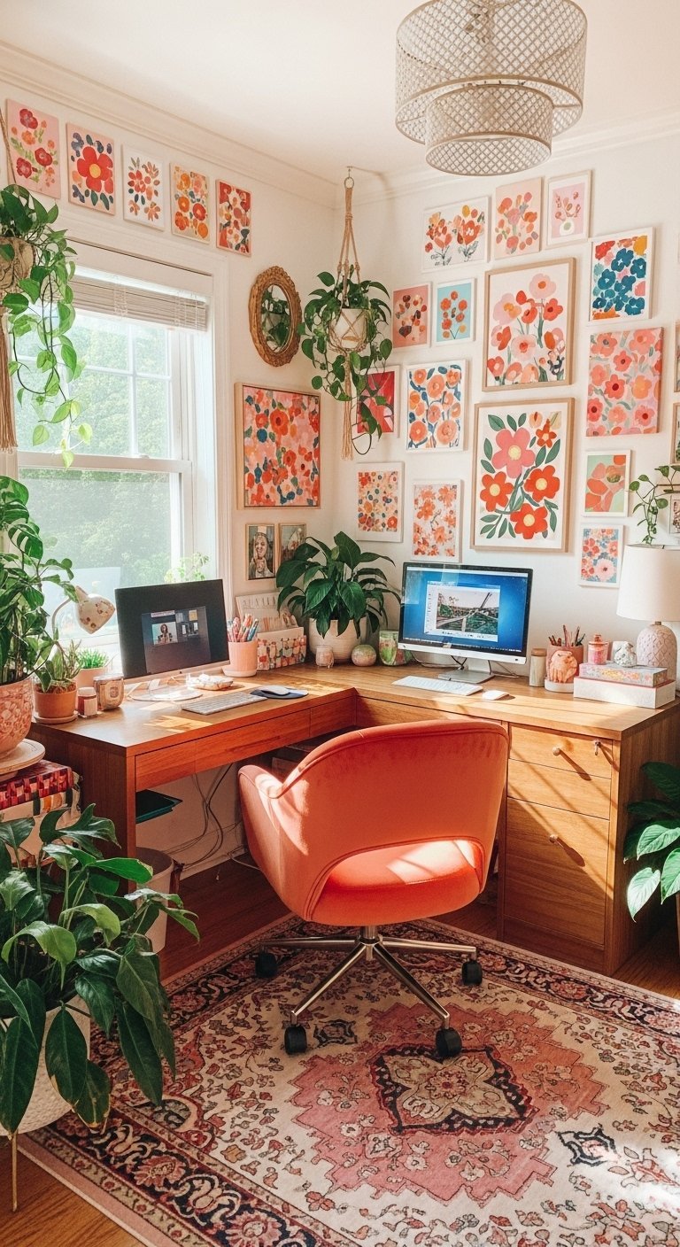 Bureau d angle bohème avec mur galerie coloré et chaise en velours