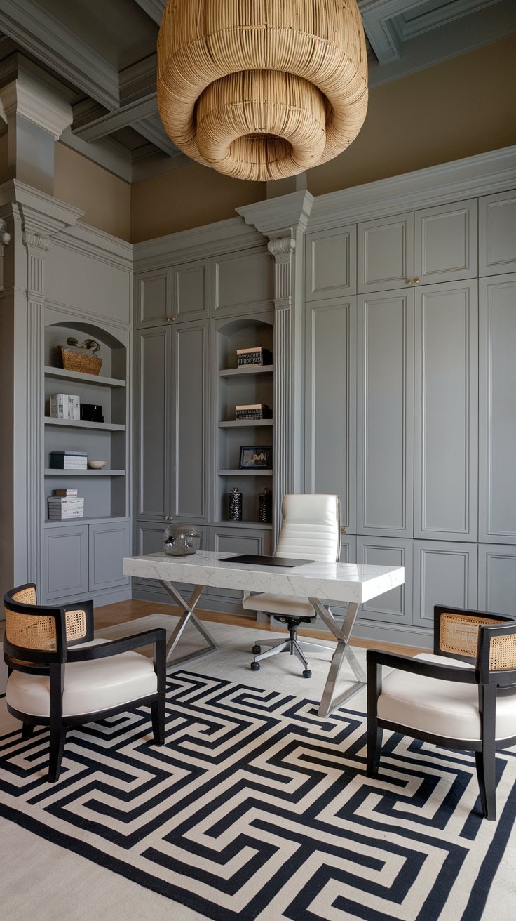 Bureau en marbre blanc avec pieds en chrome et tapis à motifs graphiques
