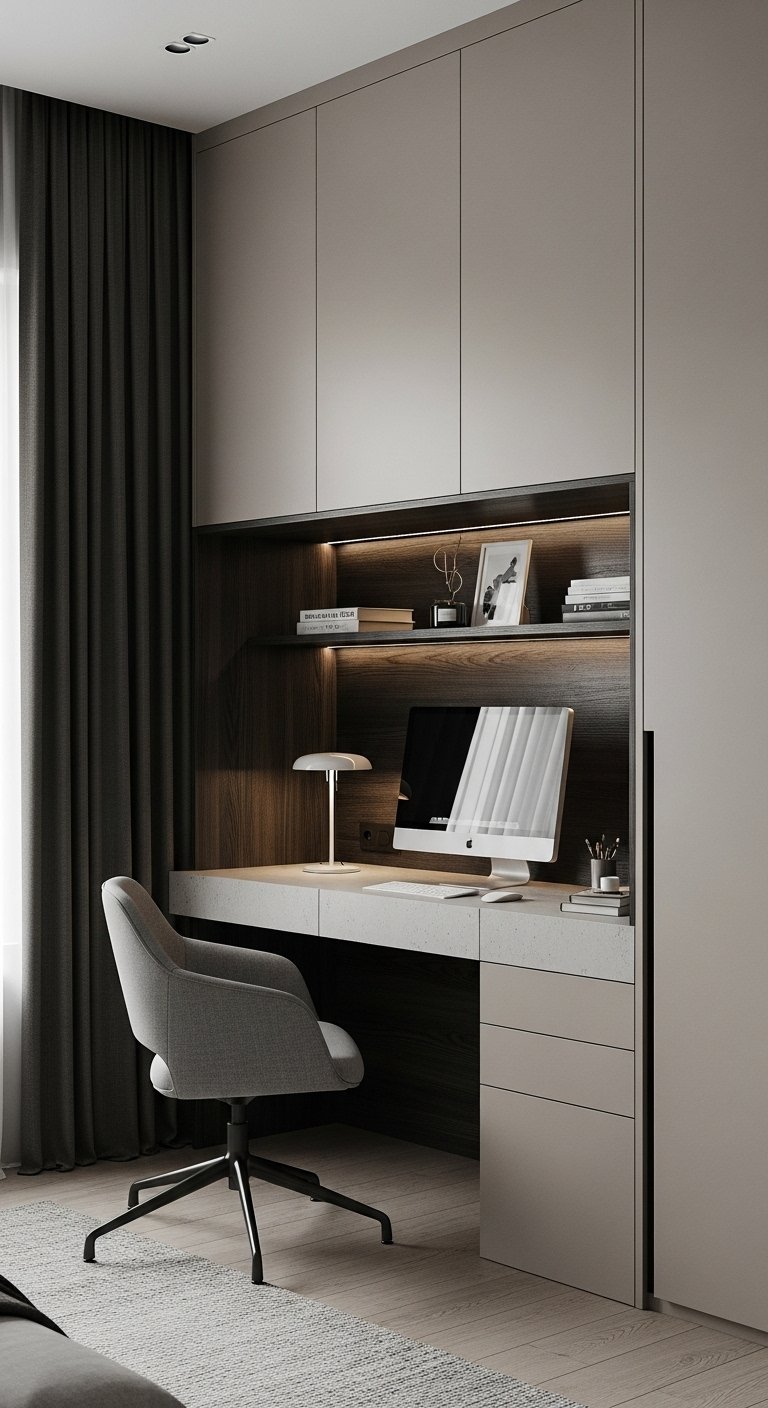 Bureau intégré en bois foncé avec armoires grège et chaise en tissu
