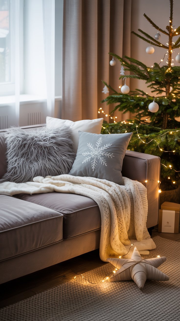 Canapé gris avec coussins et plaid à côté d un sapin de Noël décoré