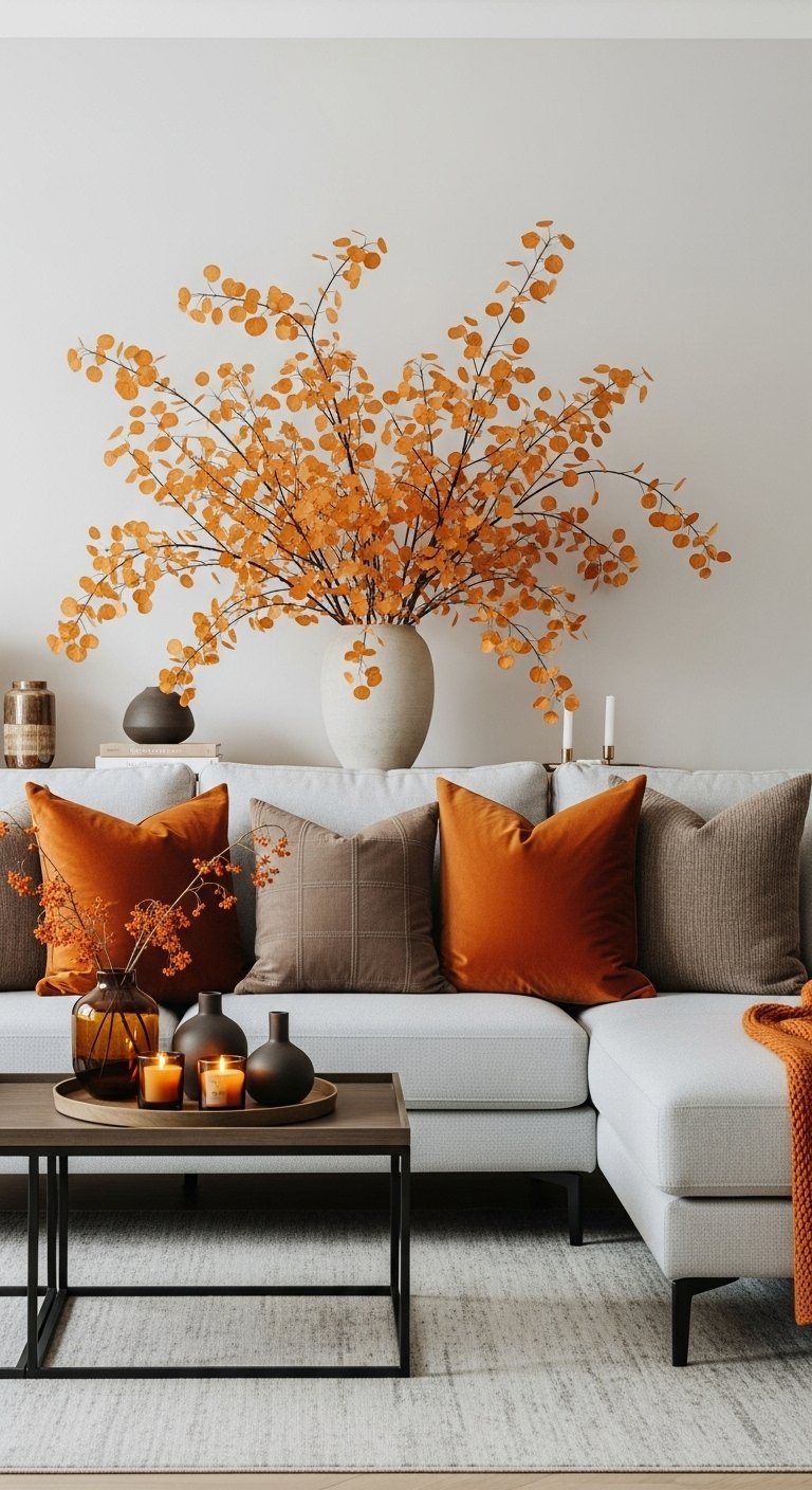 Canapé gris clair avec des coussins en velours orange et marron