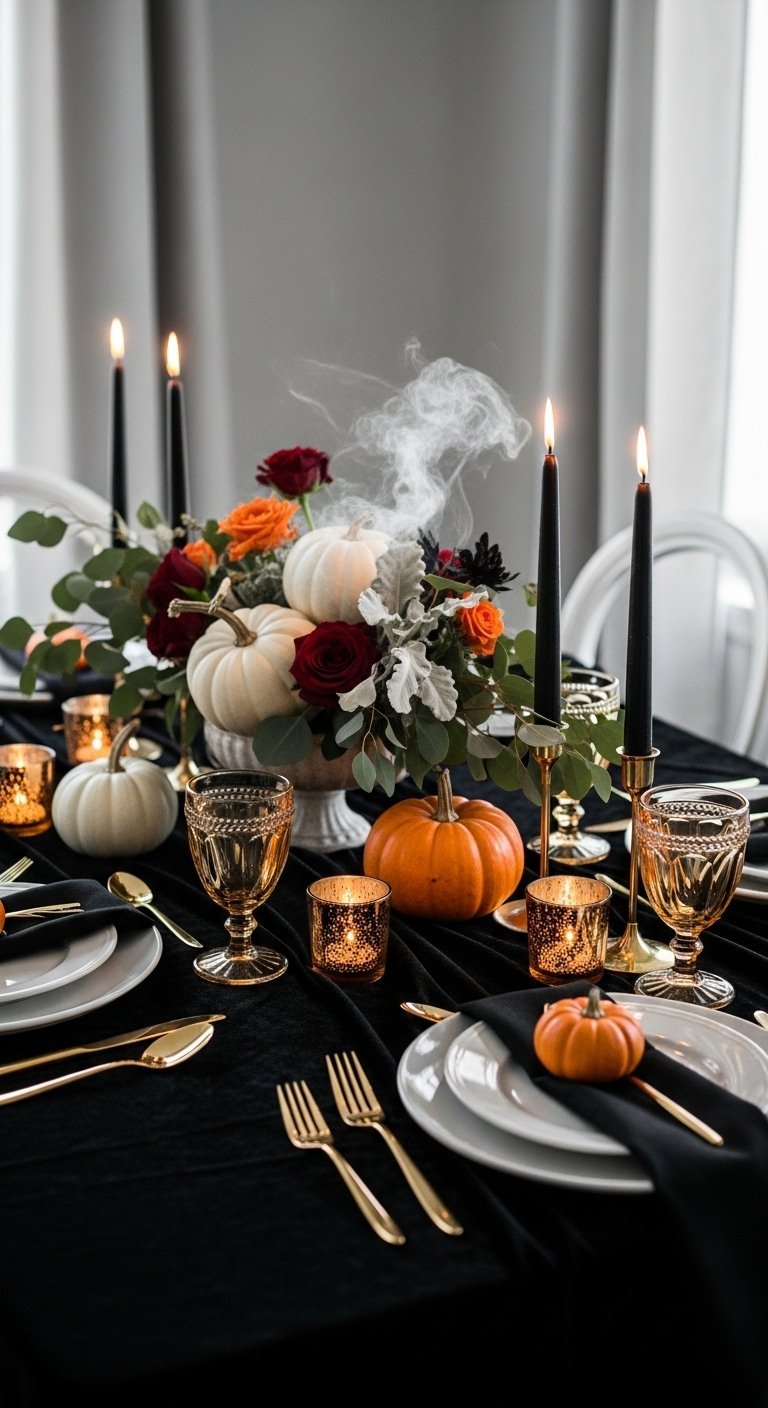 Centre de table floral avec citrouilles blanches et roses rouges sur nappe noire