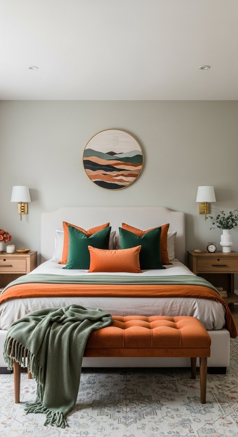 Chambre avec coussins vert émeraude et orange sur lit beige