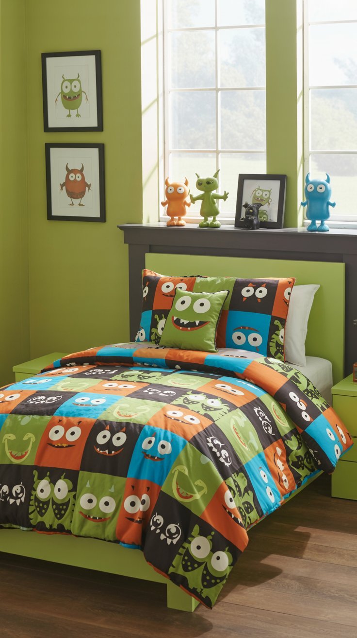 Chambre d enfant verte avec parure de lit à motifs de monstres colorés