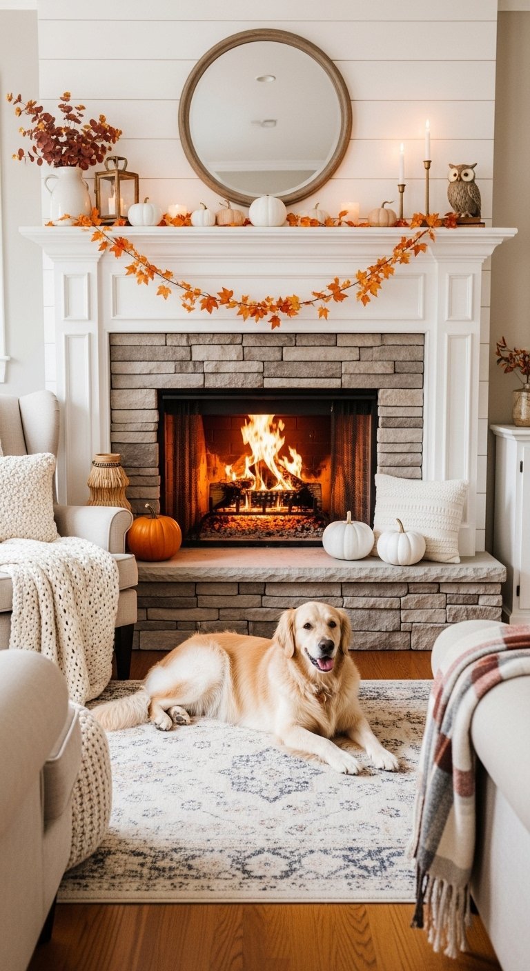 Chien devant une cheminee en pierre decoree pour l automne
