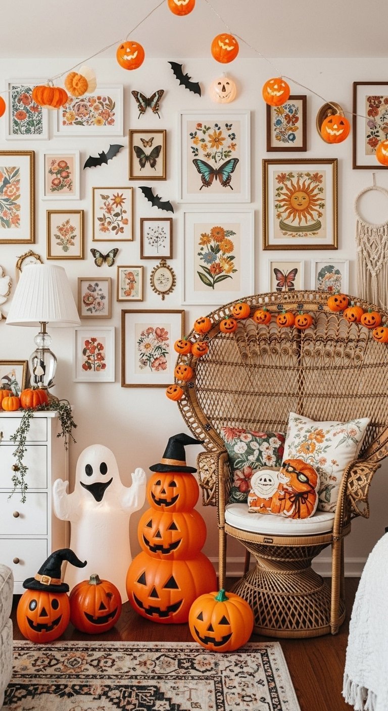 Coin boheme avec fauteuil en rotin et decorations d Halloween