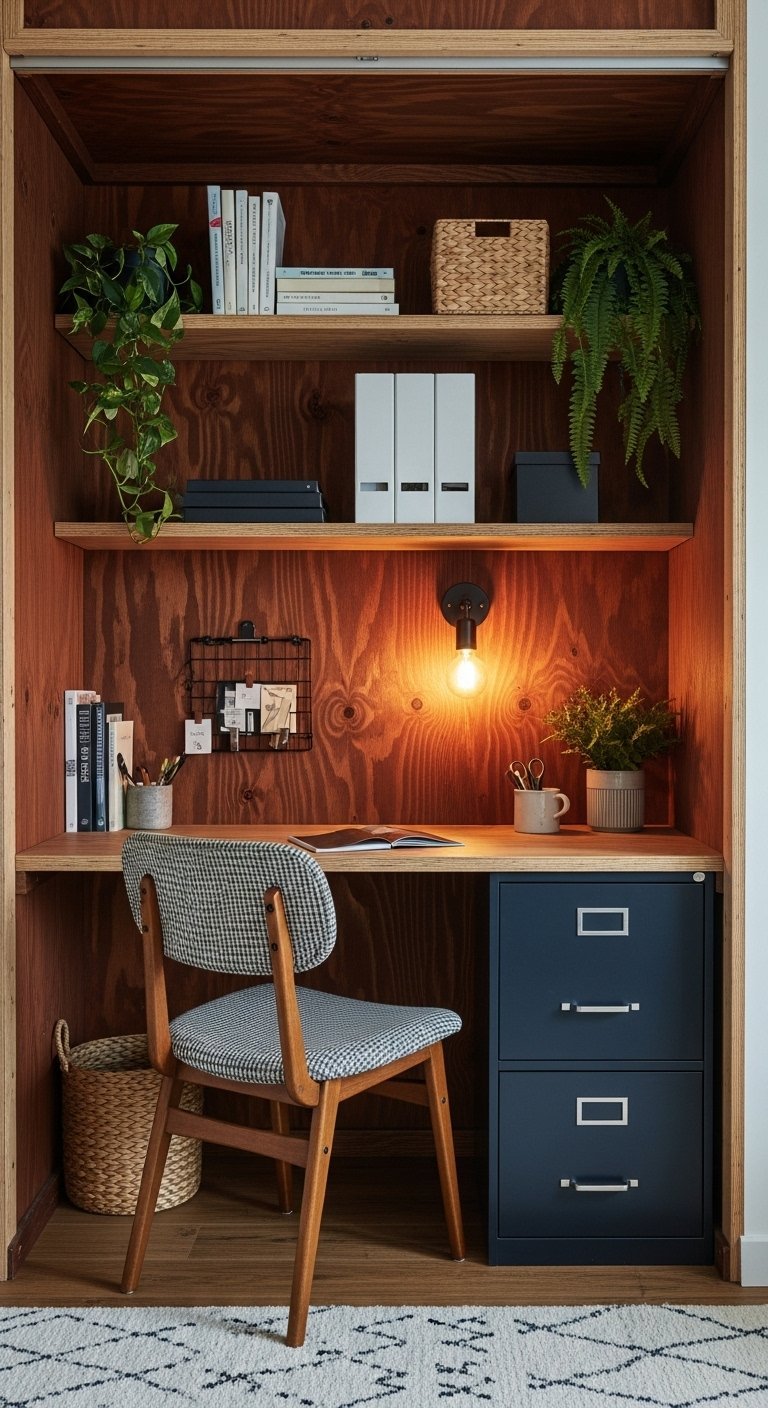 Coin bureau avec murs en contreplaqué caisson de classement bleu et chaise à motif pied de poule