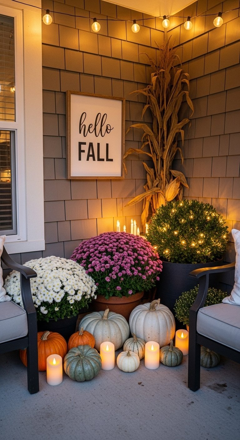 Coin de porche cosy avec un panneau hello fall et des guirlandes lumineuses