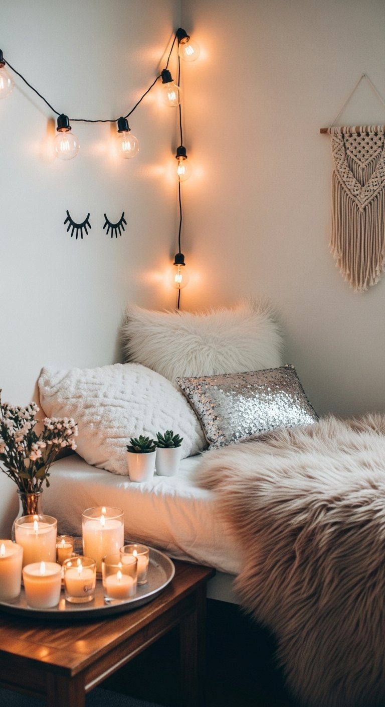 Coin lit confortable avec guirlandes lumineuses et bougies