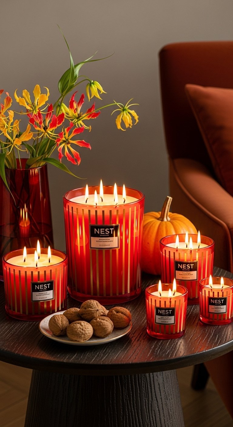 Collection de bougies de luxe rouges et dorées avec une citrouille