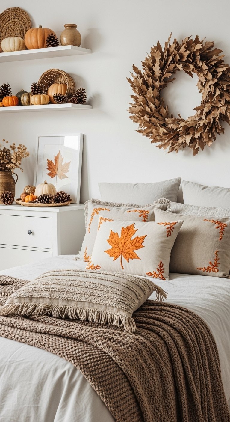 Composition decorative au dessus du lit avec etageres blanches citrouilles et couronne