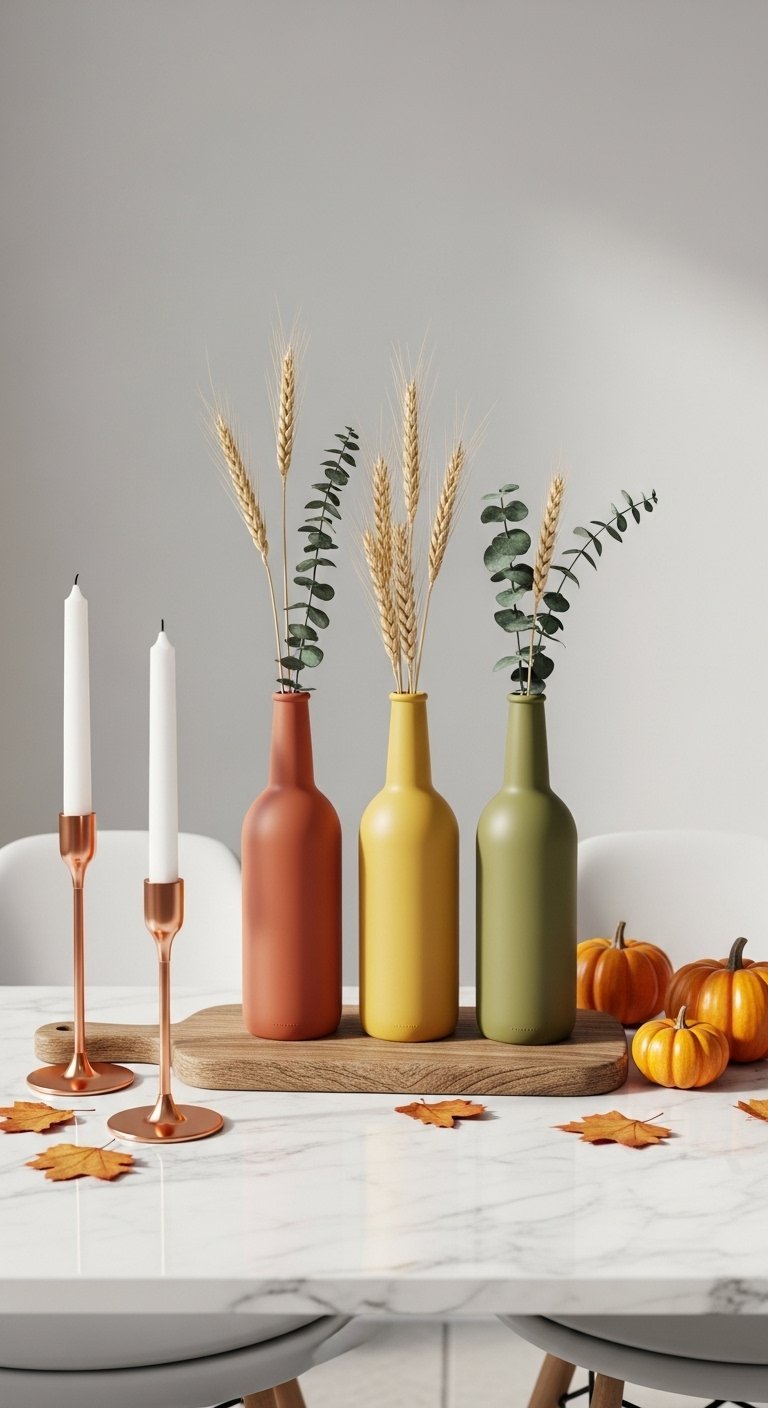 Composition moderne avec trois vases colorés épis de blé et bougeoirs en cuivre