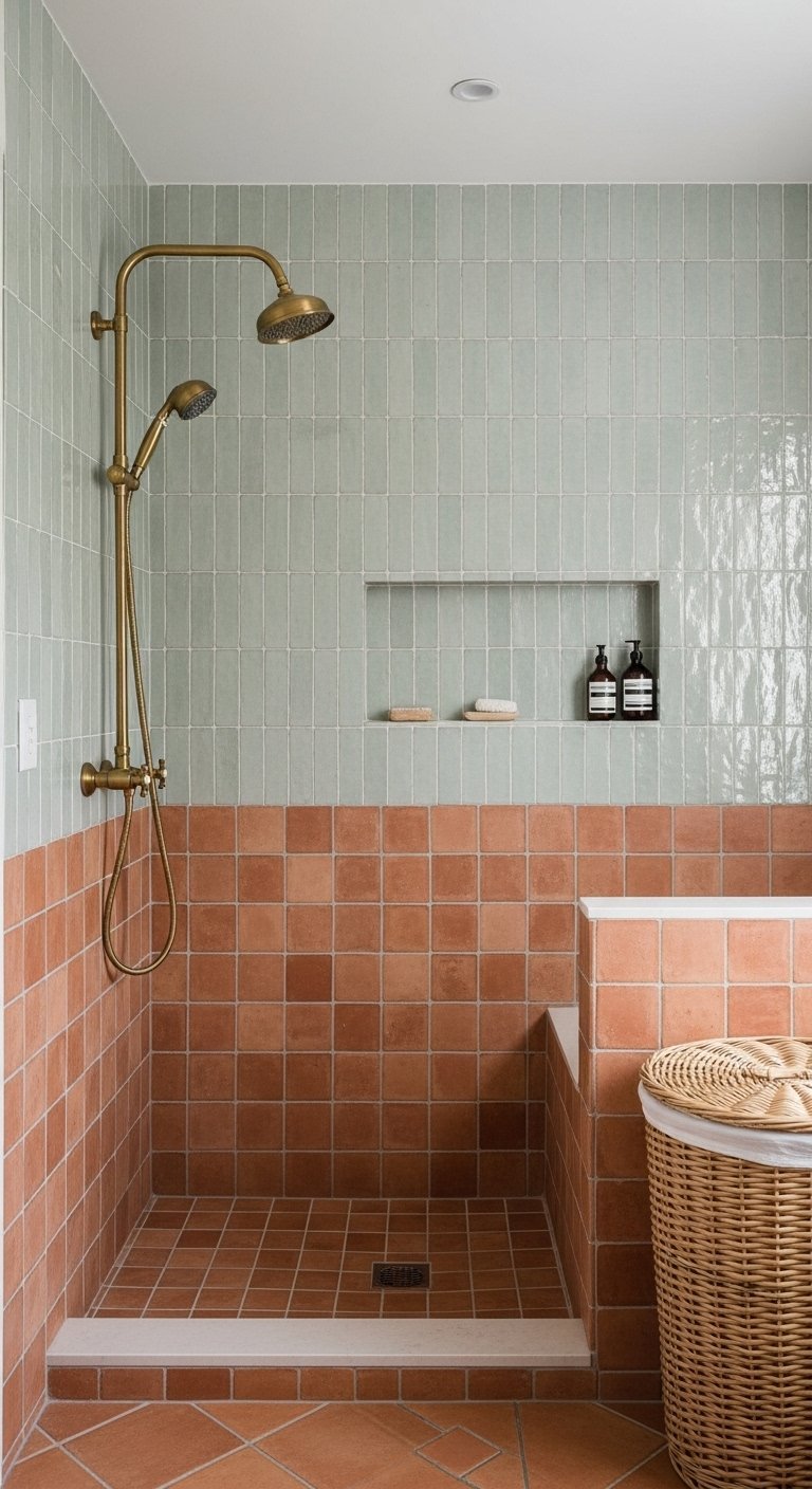 Douche italienne avec carrelage terracotta en bas et vert deau en haut