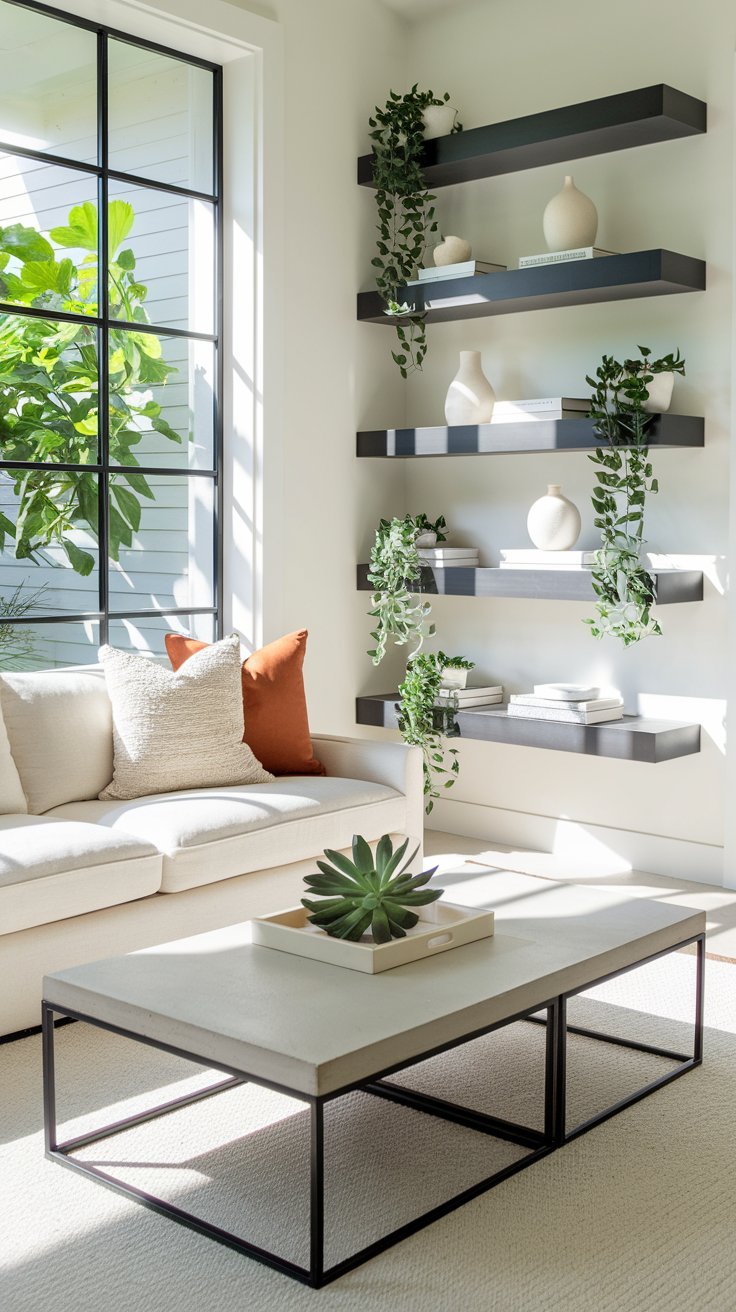 Etegeres d angle noires decorees de plantes tombantes a cote d un canape blanc