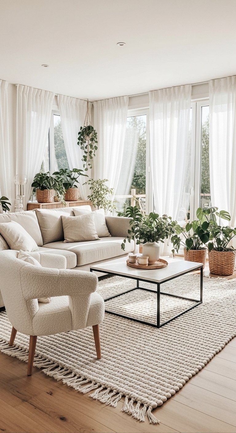 Grand canapé beige dans un salon lumineux avec beaucoup de plantes vertes