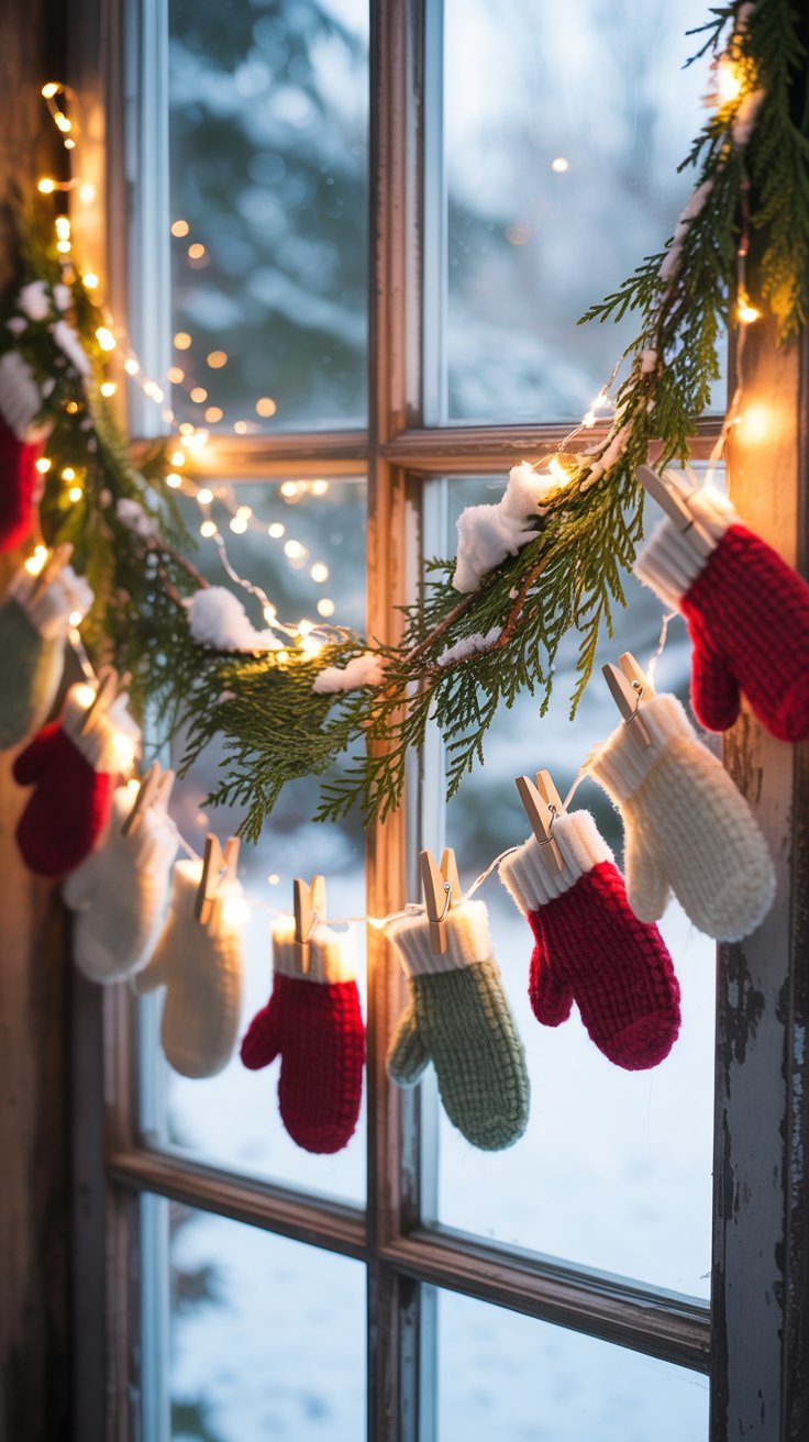 Guirlande de noel sur une fenêtre avec des petites moufles tricotées