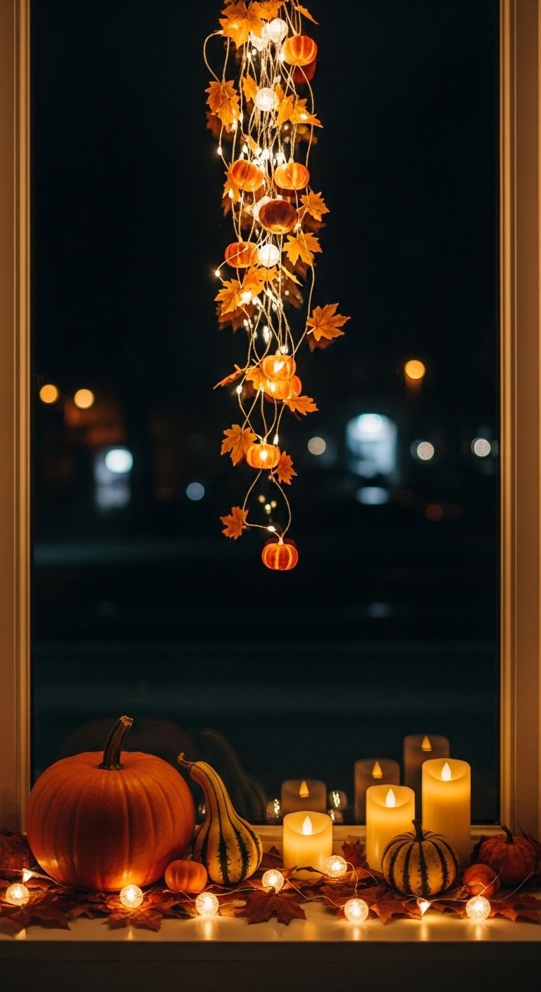 Guirlande lumineuse verticale avec des citrouilles et des feuilles devant une fenetre la nuit