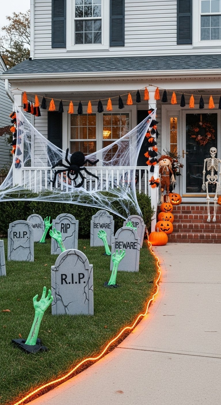 Jardin decore en cimetiere avec des mains de zombie et une araignee geante