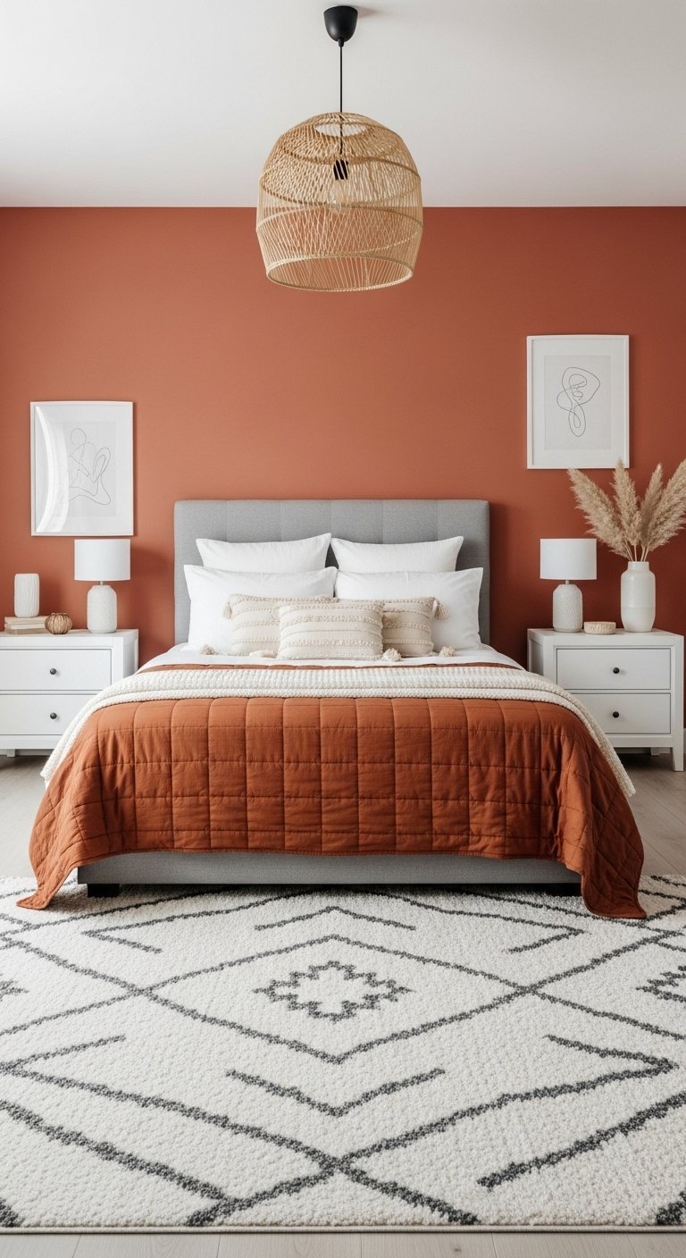 Lit gris devant un mur terracotta avec tapis géométrique