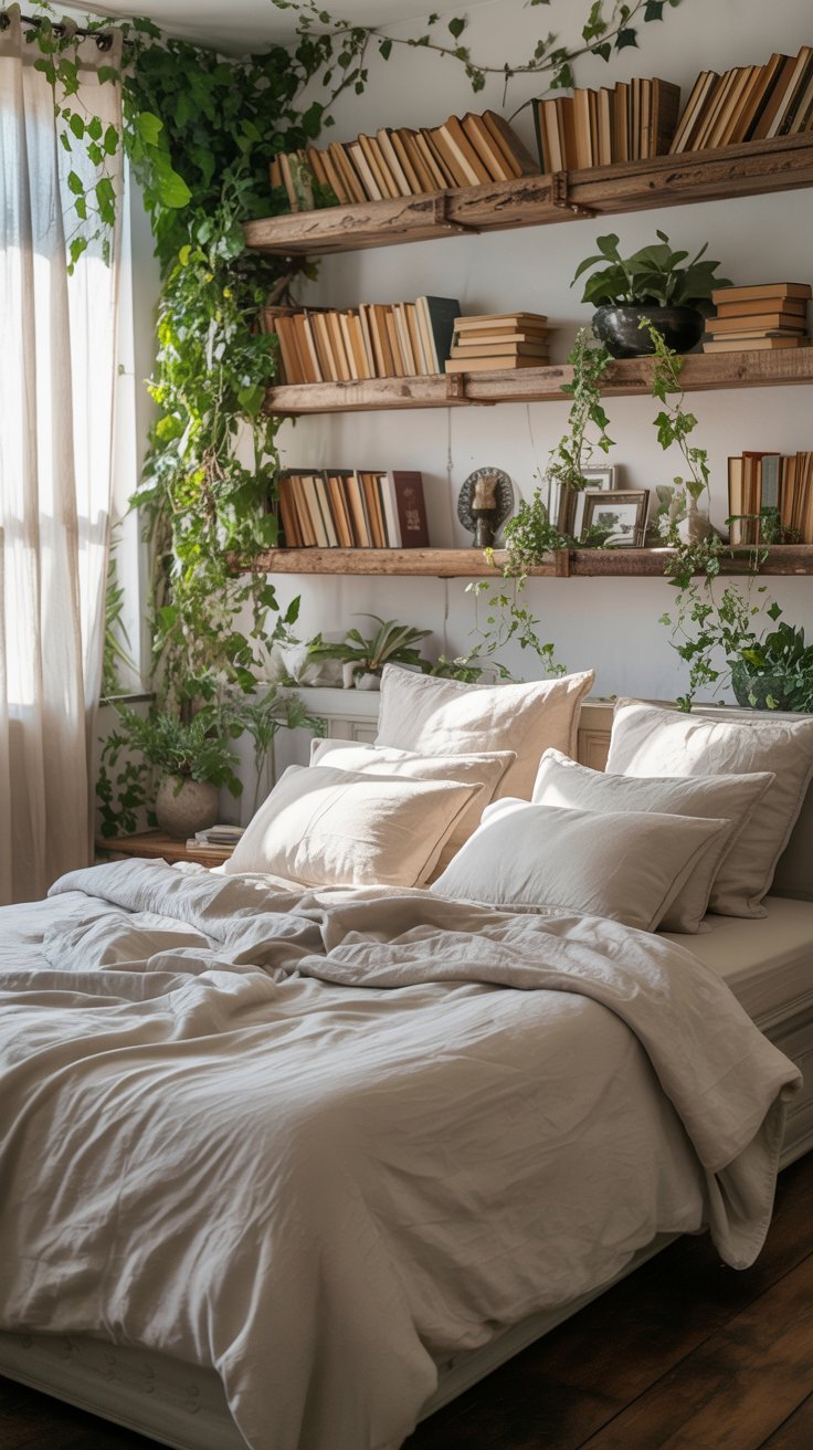 Lit sous des étagères en bois remplies de livres et de plantes grimpantes