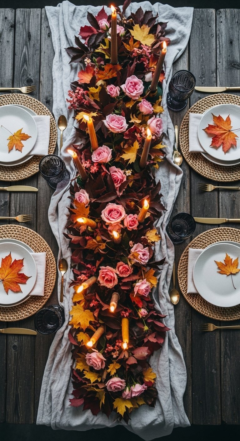 Longue table décorée de feuilles foncées de roses roses et de nombreuses bougies