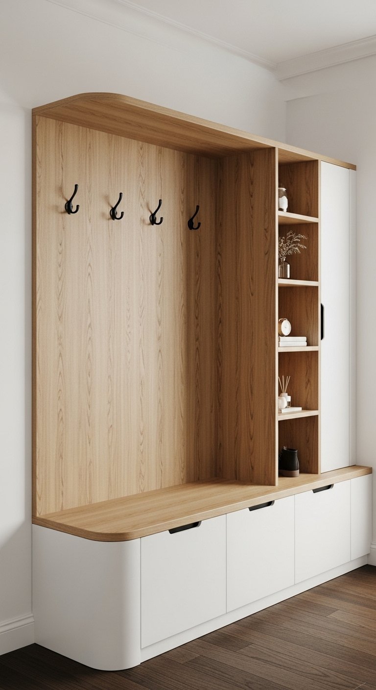 Meuble d entrée bas en bois clair et blanc avec des coins arrondis