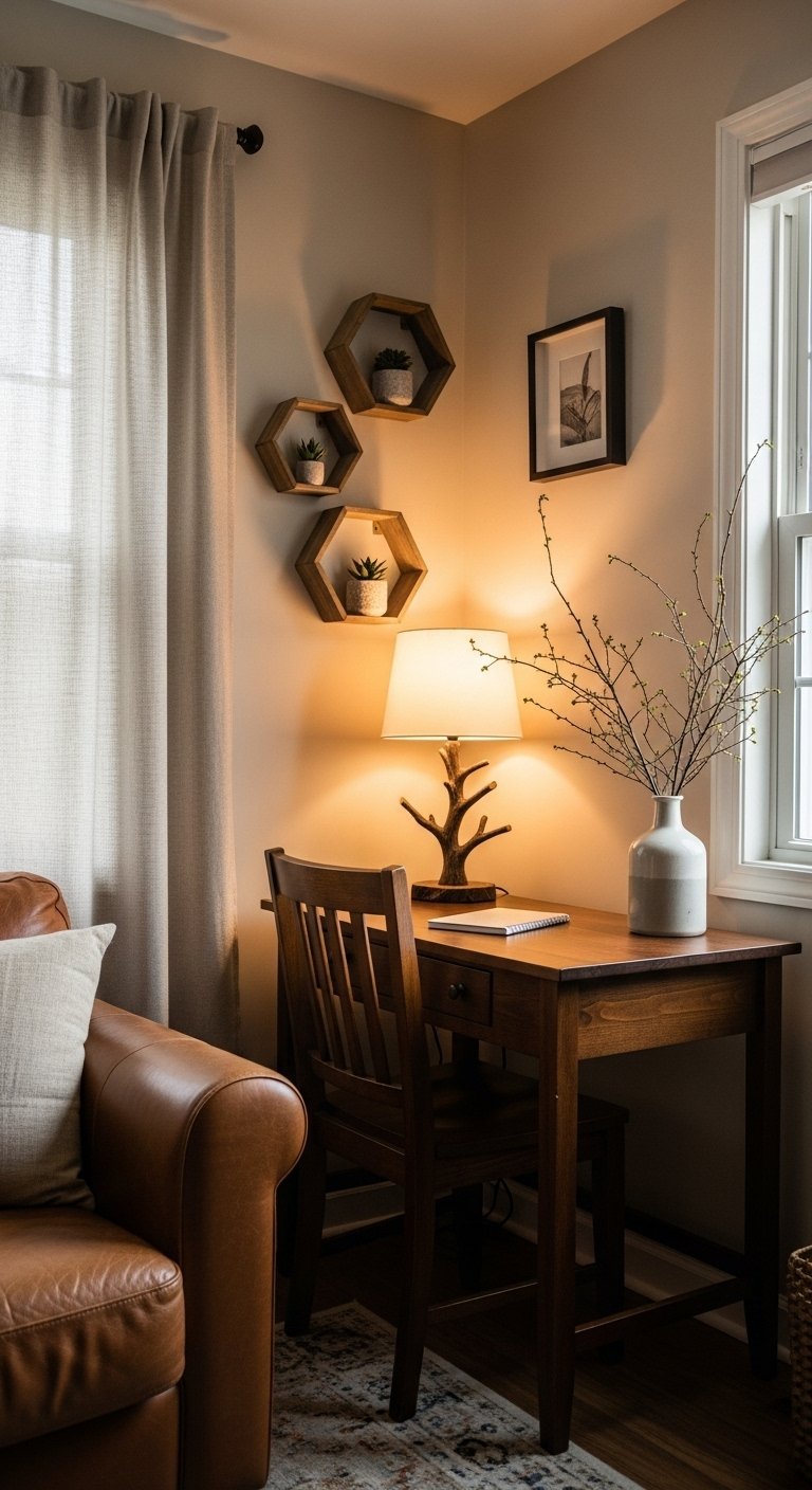 Petit bureau en bois dans un coin à côté d un canapé en cuir avec des étagères hexagonales