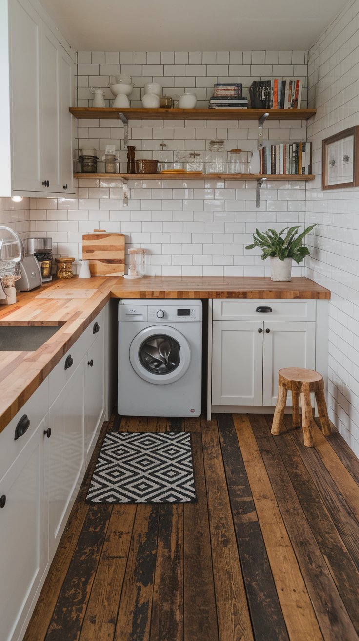 Petite cuisine blanche avec plan de travail en bois et machine à laver intégrée
