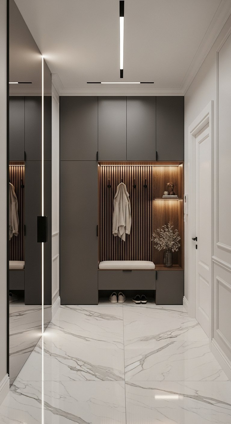 Placard gris avec niche en bois eclairee et banc integre sur sol effet marbre