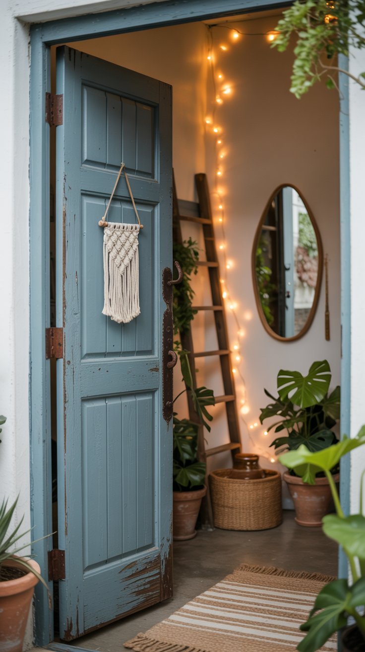 Porte bleue patinée ouverte sur un intérieur avec guirlandes lumineuses