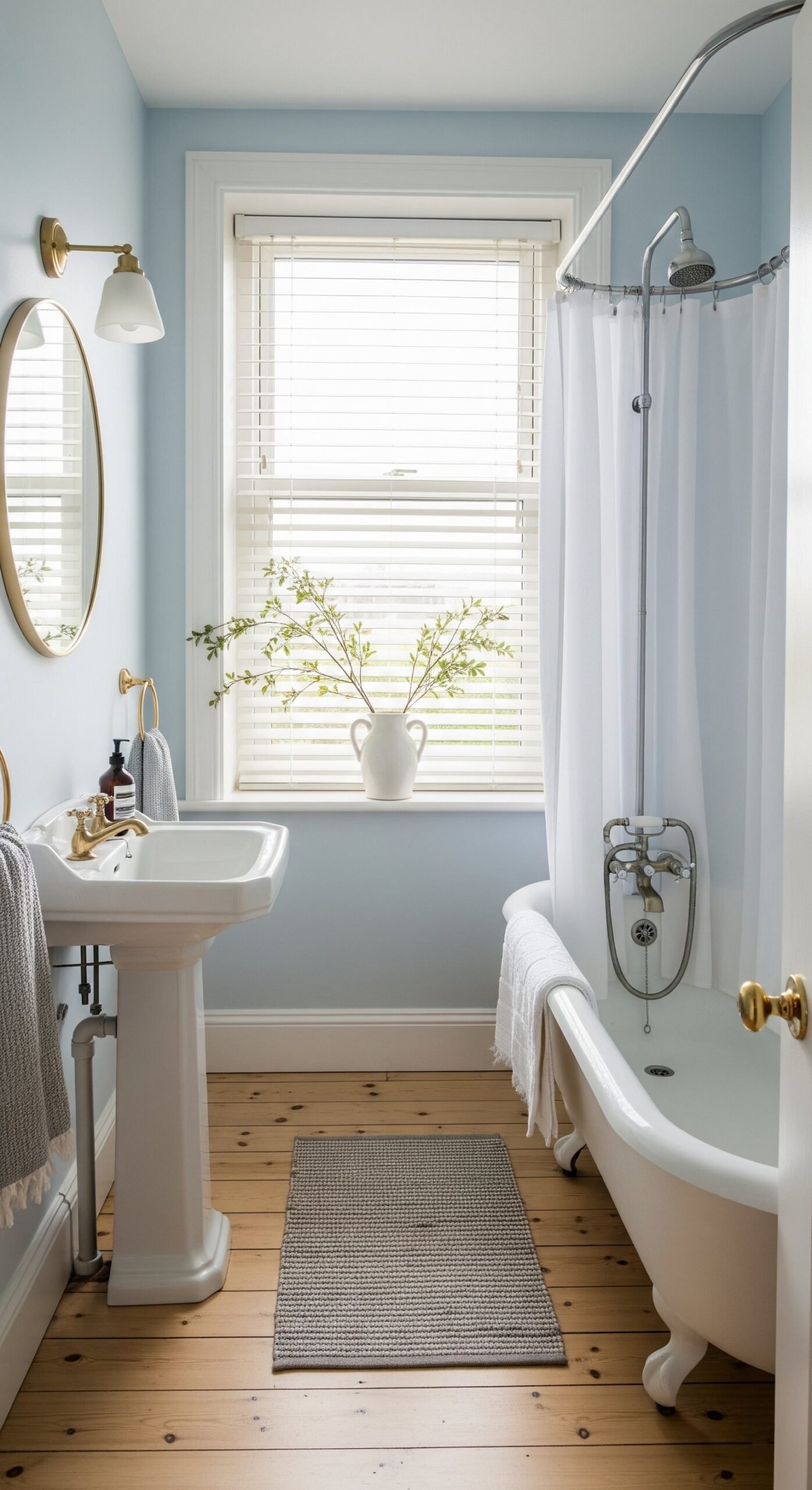 Salle de bain bleu pastel avec baignoire sur pieds et parquet en bois