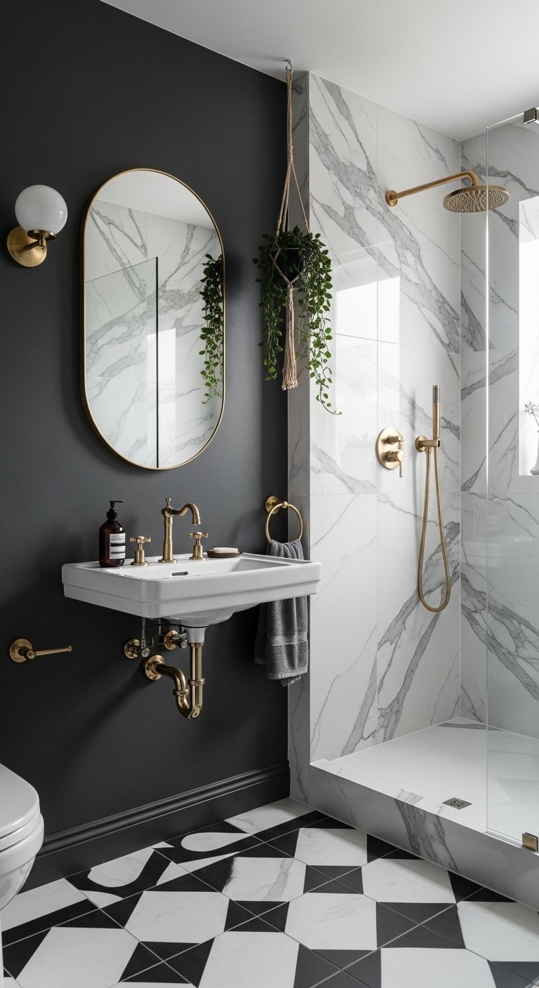 Salle de bain chic avec mur anthracite et robinetterie dorée