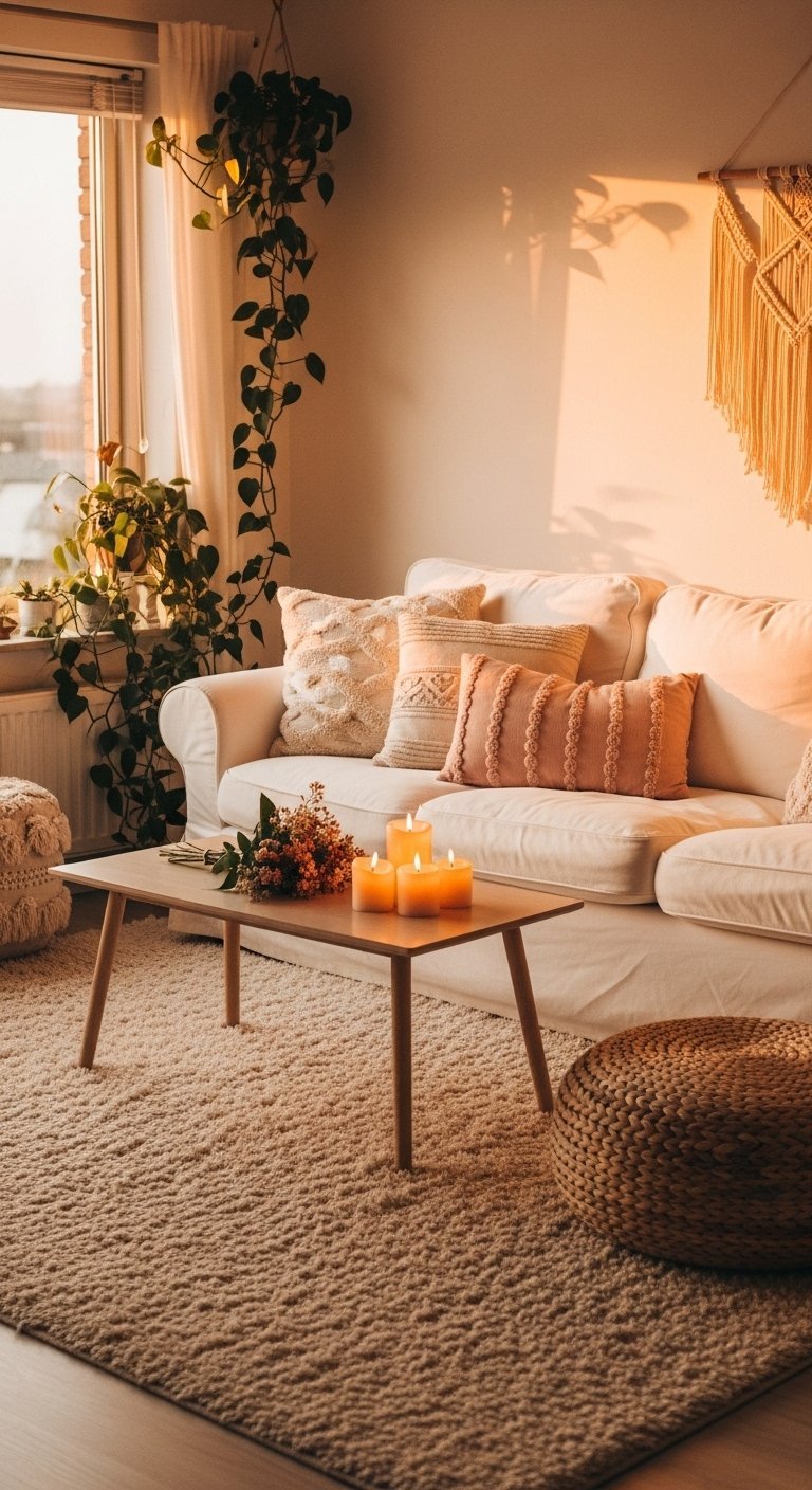 Salon bohème baigné dans la lumière du soleil couchant avec des bougies