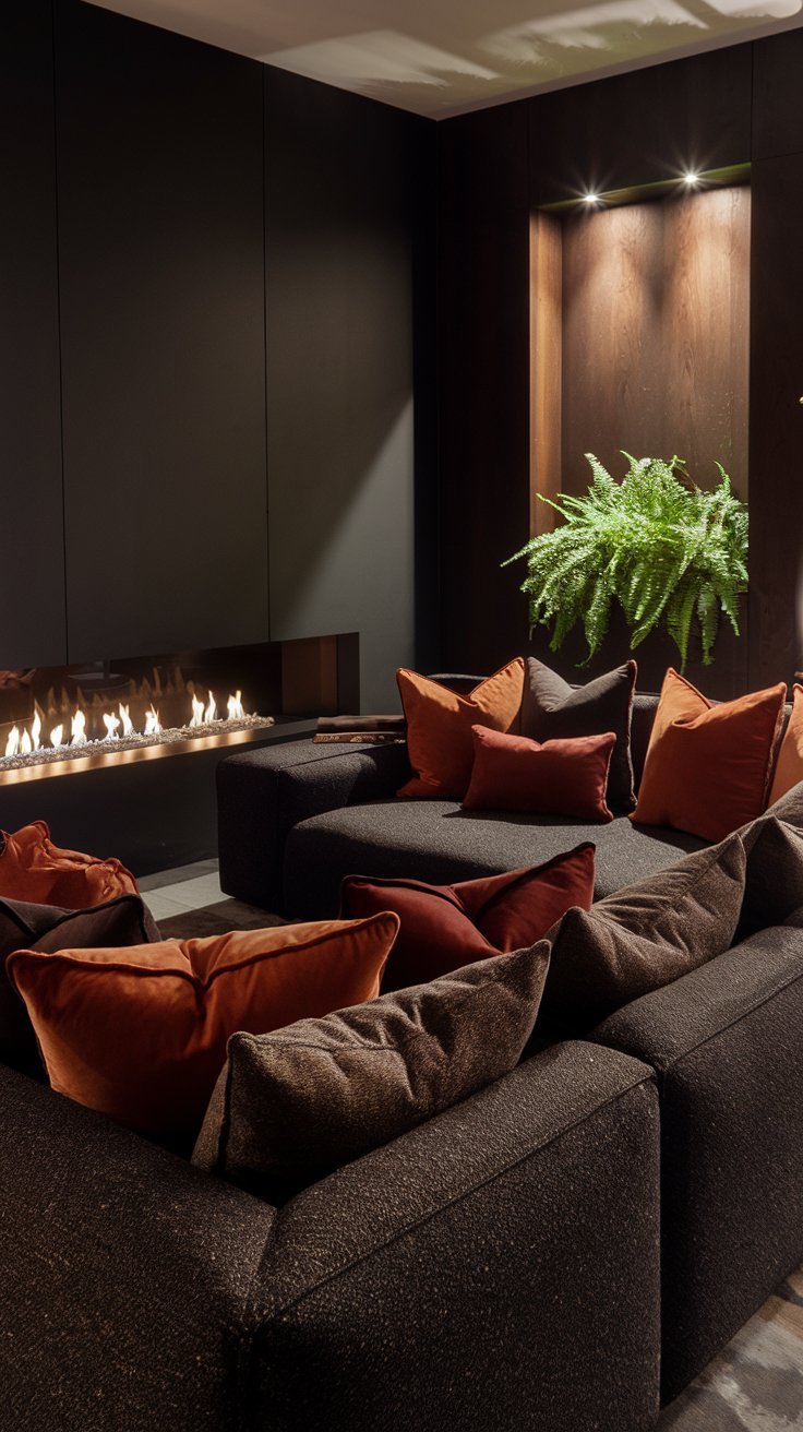 Salon moderne sombre avec cheminée linéaire et canapé sectionnel gris foncé