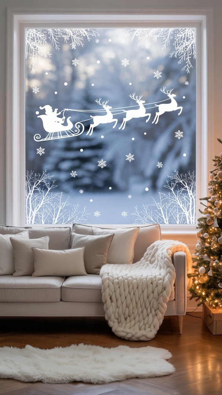 Sticker de fenetre blanc du traineau du pere noel dans un salon
