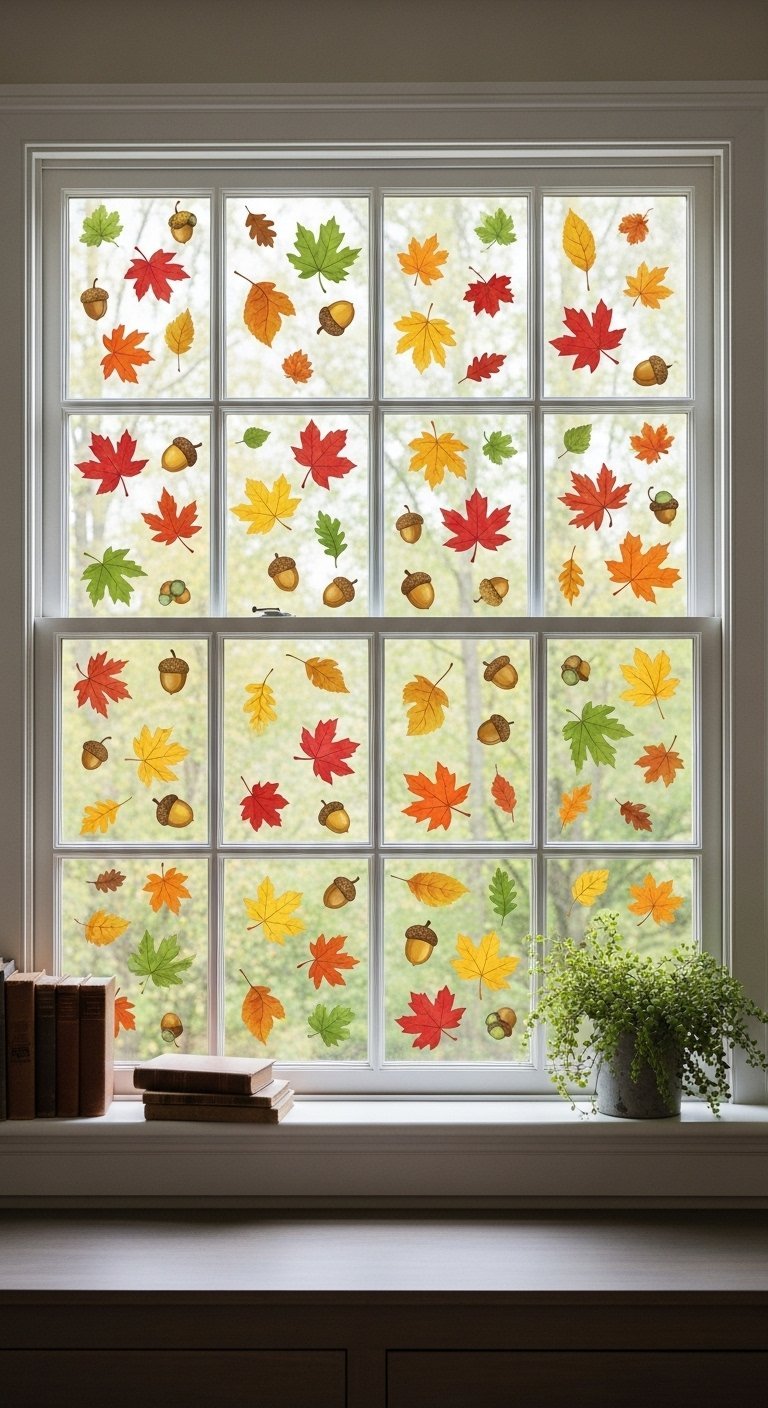 Stickers de feuilles et de glands colorés sur une grande fenêtre quadrillée