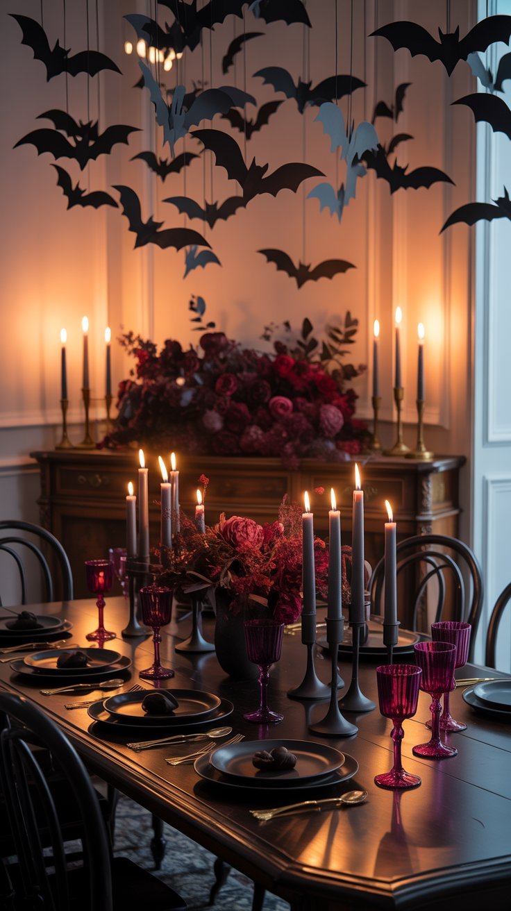 Table de salle a manger decoree avec des chauves souris suspendues et des bougies noires