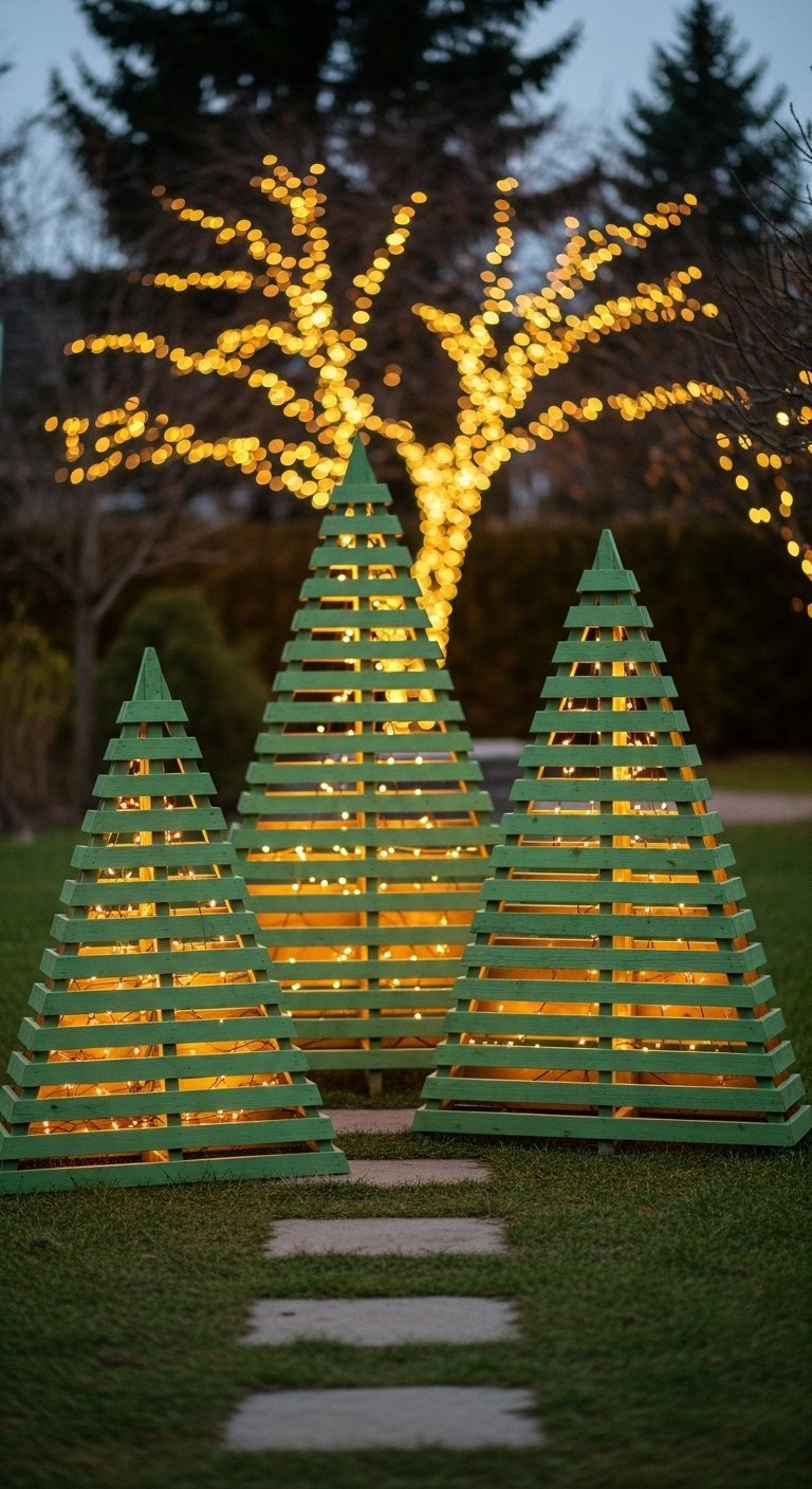 Trois sapins pyramidaux en bois vert ajoure eclaires dans un jardin