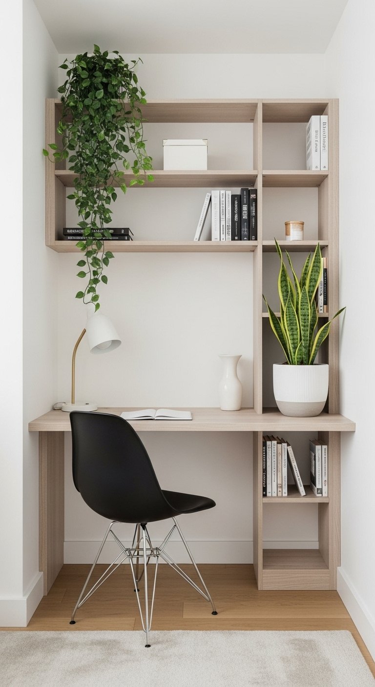 Unité de bureau et d étagères sur mesure en bois clair avec une chaise noire