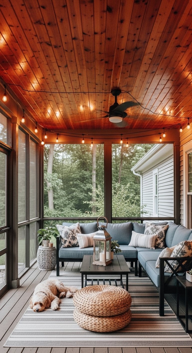Véranda grillagée avec plafond en bois et canapé d angle bleu