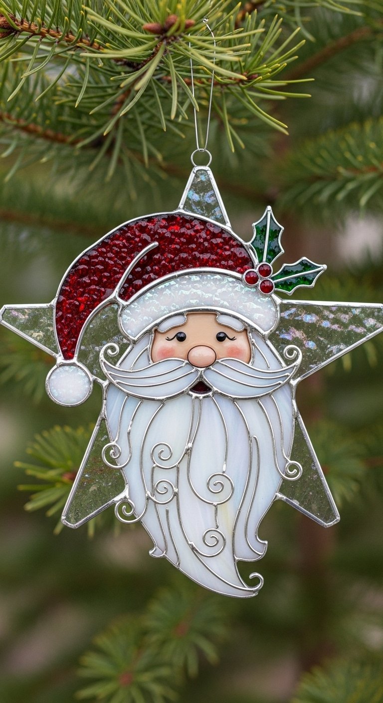 Visage de Père Noël en vitrail au centre d une décoration en forme d étoile