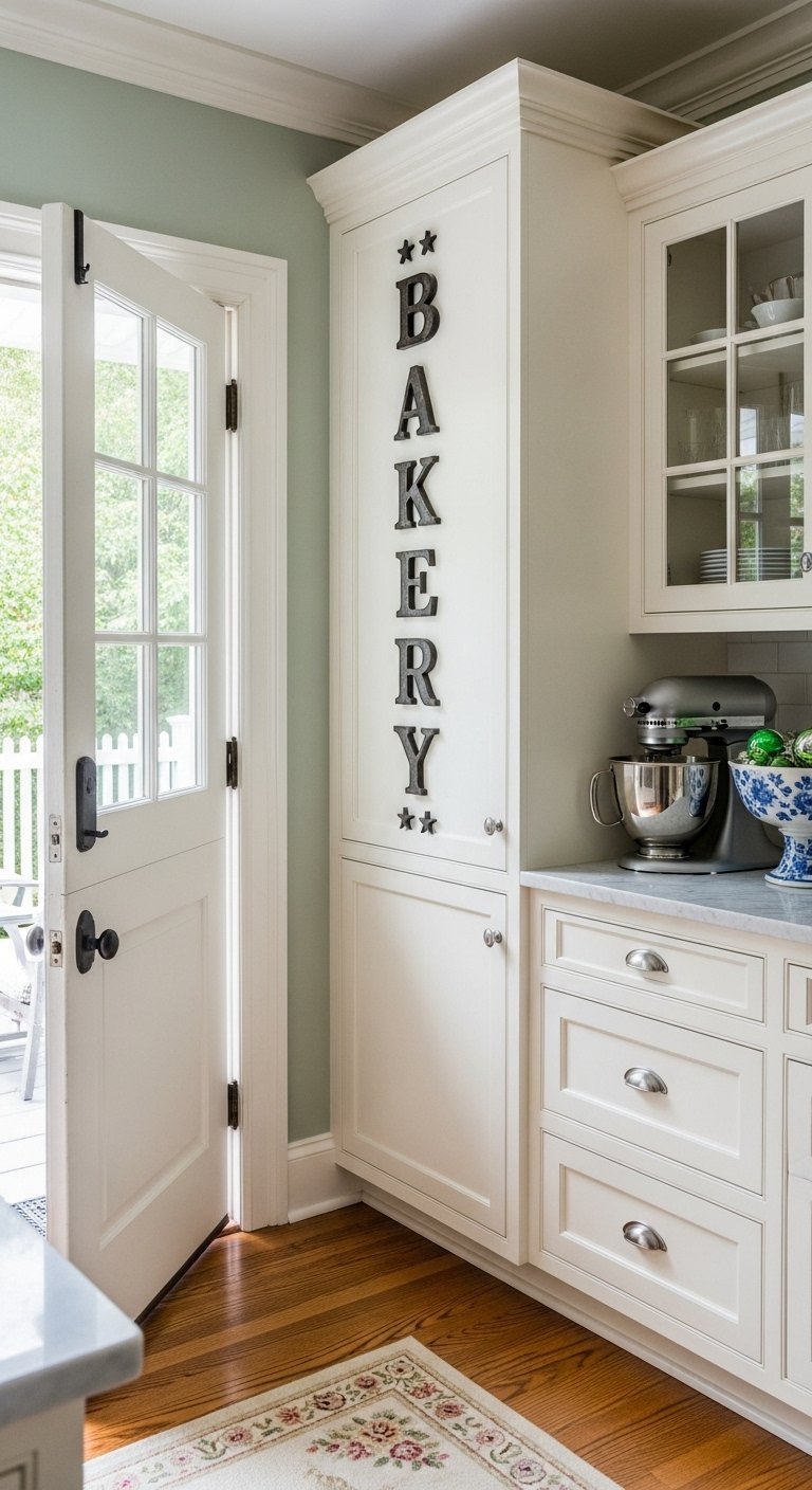 Armoire de cuisine blanche style campagne chic avec lettrage BAKERY