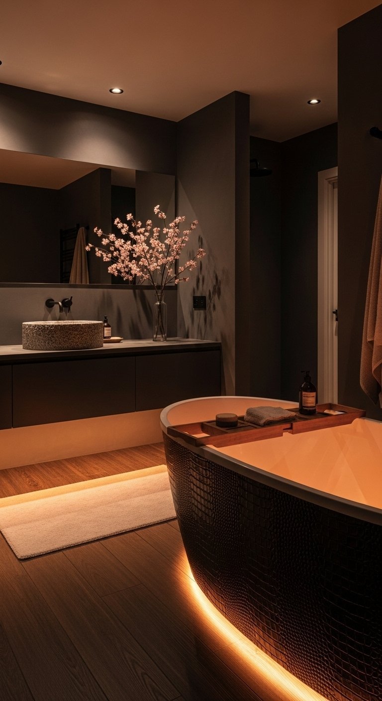 Baignoire îlot noire avec éclairage LED dans une salle de bain sombre