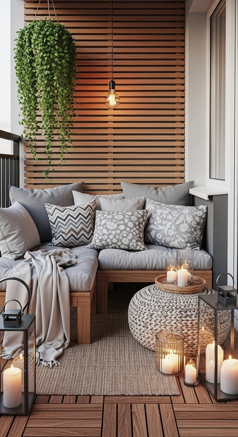 Banquette d angle en bois sur un balcon avec claustra mural et plante suspendue
