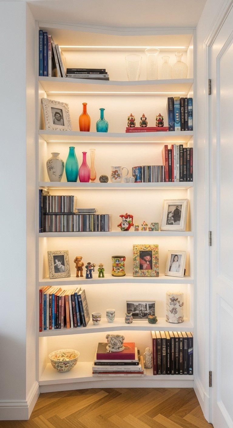 Bibliothèque basse blanche intégrée dans un muret avec un dessus en bois