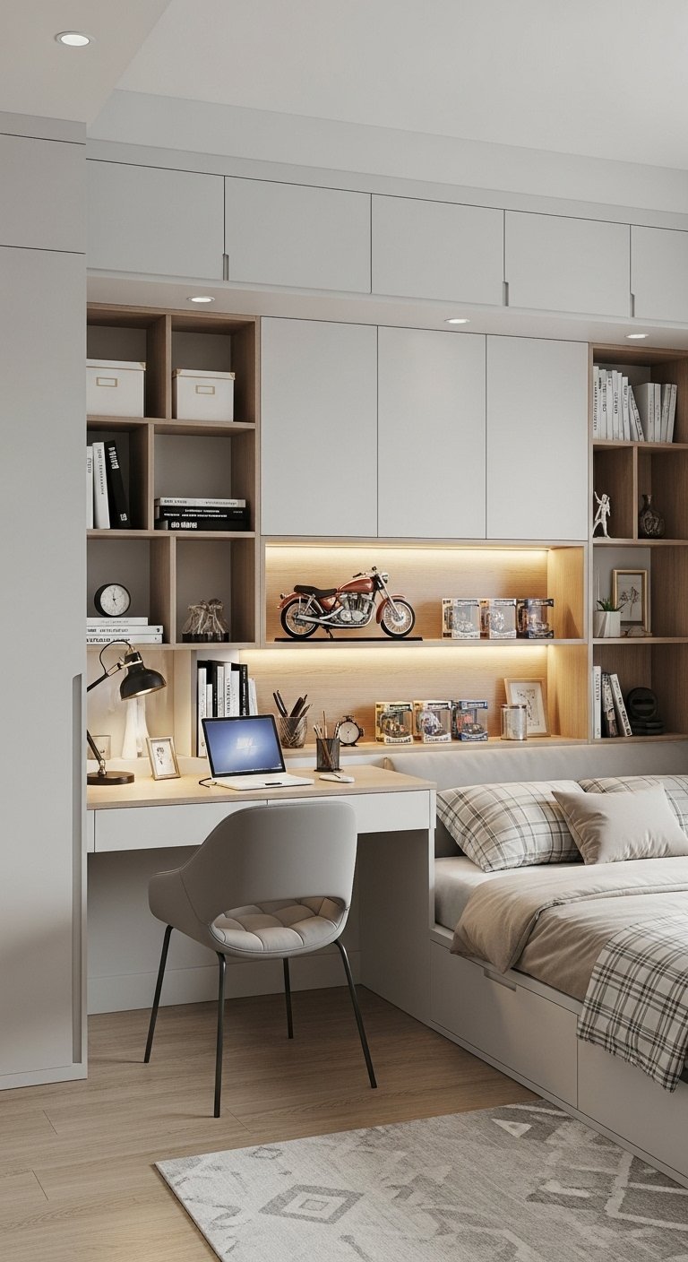 Bureau intégré en bois clair avec rangements muraux blancs dans une chambre d ado